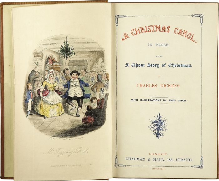 «A Christmas Carol. In Prose. Being a Ghost Story of Christmas.» Illustrert av John Leech. Tittelsiden av førsteutgaven, 1843. Kilde: Wikimedia Commons/Heritage Auctions
