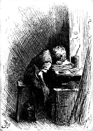 Dickens at the Blacking Warehouse. Charles Dickens is here shown as a boy of twelve years of age, working in a factory. Kilde: Wikimedia Commons/The Leisure Hour